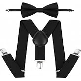 NociHah Elastic Kids Suspenders Bowtie Set - Adjustable Y Black Suspenders for Boys and Girls