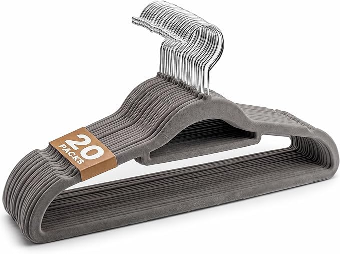 Sasha Morel 20 Pack Velvet Coat Hangers – Non Slip Velvet Hangers for Clothes, Space Saving Adult Hangers with Tie Organizer & Swivel Hooks – Clothes Hangers Wardrobe Storage - Grey