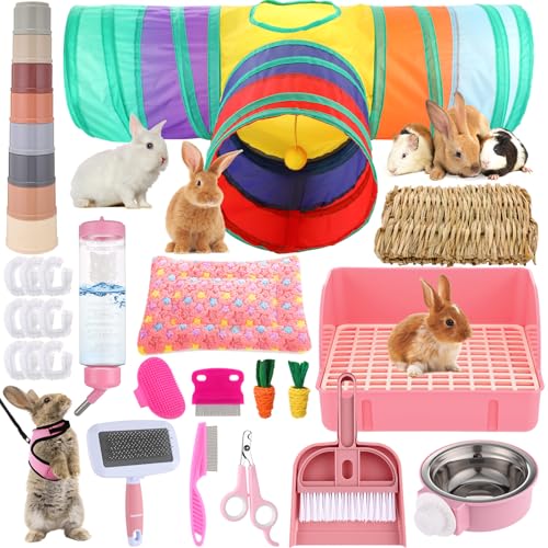 Photo 1 of PullCrease 34 Pcs Rabbit Starter Kit Rabbit Litter Box Small Animal Water Bottle Stacking Cups Bunny Tunnels Animal Grooming Kit Bowl Blanket with Cleaning Set for Guinea Pig Bunny Accessories (Pink)