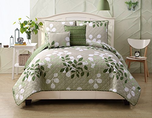 5 Piece Sage and Taupe Reversible Queen Size Quilt Set, By Plush C Collection