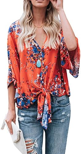 Faisean Womens Floral Print Chiffon Short Bat Sleeve Deep V Neck Knot Front Summer Blouses