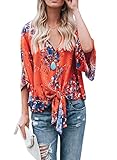 Gemijack Womens Floral Blouses Chiffon Summer Short Sleeve Deep V Neck Tie Front Tops Shirts