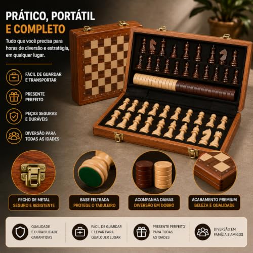 Jogo de Xadrez e Damas 29cm Magnético em Madeira Dobrável [VALUANCE] | Luxo, Profissional