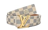 Fashion Belt Classic White Chess Grid Belt With Gold Buckle (White/gold buckle, （30-33）105cm)