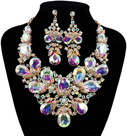 LAN PALACE turkish jewelry 18k gold Austrian crystal necklace and earrings for wedding women jewelry set (White AB)