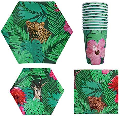 Disposable Dinnerware Set Safari Jungle Animal Party Supplies Includes Paper Plates, Napkins,Cups For Tropical Fiesta,Safari Adventure Birthday party for 12 Guests