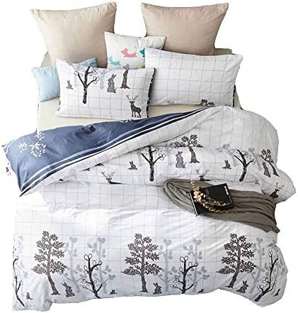 YOMIMAX 3 Pieces Forest Bedding Queen Rabbit Print Duvet Cover Modern Style and Soft Bedding(Queen,Forest)