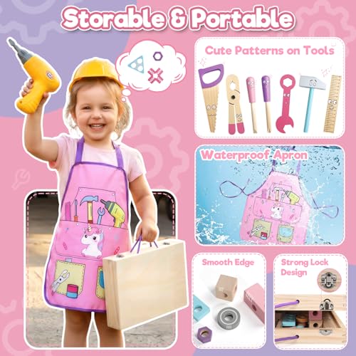 Kids Tool Set Wooden Toys for 3 Year Old Girls, 47 PCS Montessori Toys with Toy Drill & Tool Box & Apron, Pretend Play Educational Building Construction Toys for 3 4 5 Year Old Girls Gifts