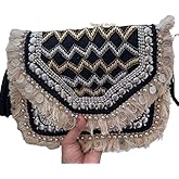 HOUSE OF DISANA Handcrafted Boho Clutch Purse, Beaded Geometric Pattern with Fringe, Crossbody Evening Bag