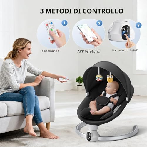 Ixdregan Electric Baby Bouncer – App and Remote Control Electric Baby Rocking Chair with 3 Timers, 5 Swing Speed, 10 Music, Baby Bouncer, Bluetooth Soft Padded Baby (App Black)