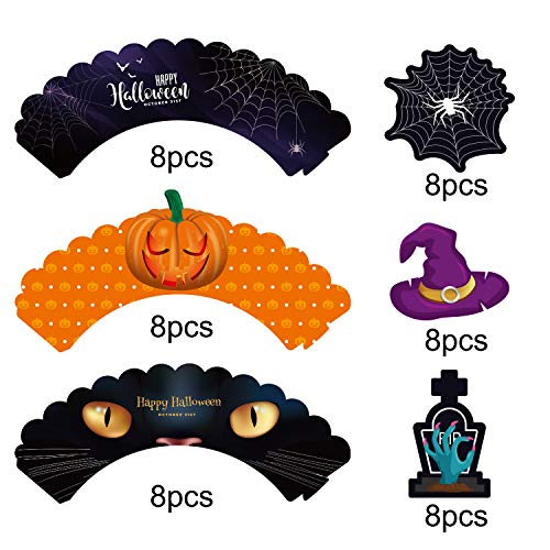 Halloween Cupcake Toppers Wrappers, Spider Witch's Hat Zombie Hand for Halloween Party Cupcake Decorations,48pcs.