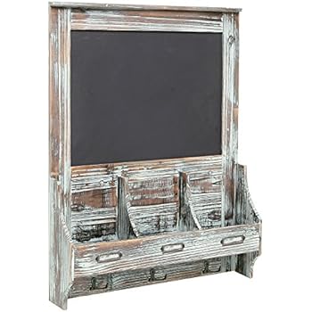 Rustic Dark Brown Wood Wall Mounted Mail Sorter Key Hook Organizer Rack w/ Memo Bulletin Chalkboard Sign