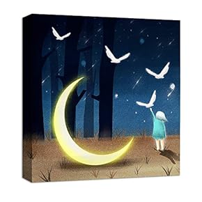 Canvas Wall Art Meniscus Accompany with A Boy Painting Artwork for Home Decor Framed for Children - 12x12 inches