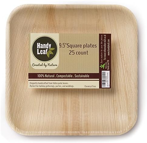 Handy Leaf Palm Leaf Plates; 9.5 Inch Square Disposable Dinnerware; 100% Natural, Compostable & Biodegradable; 25 Count