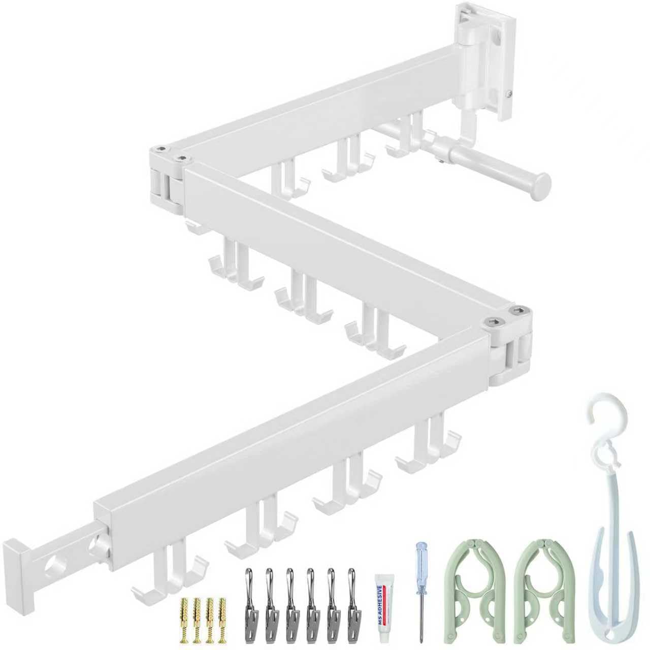 Wall Mounted Clothes Drying Rack, Space Saving,Triple Foldable, Retractable Clothes Airer with Extension Pole, Aluminium Clothes Dryer Rack with 24 Hooks, For Balcony, Laundry(White-Double Hook )