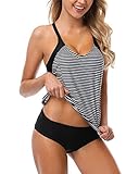 ALove Women Striped Tankini Set with Brief Cross Back Padded Two Piece Swimsuit