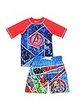 Avengers Superhero Boy's Swim Trunks and Rash Guard Set (7, Blue/Red)