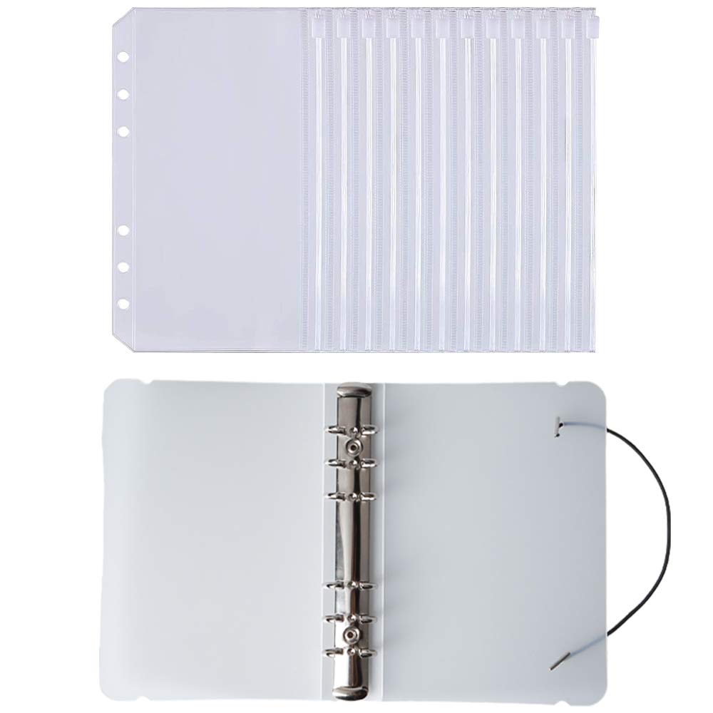 YEYIT 11 Pack A6 Ring Binder Set - 1 Matte Shell, 10 Zipper File Pockets With Holes, Plastic Transparent Waterproof Cash Budget Envelope