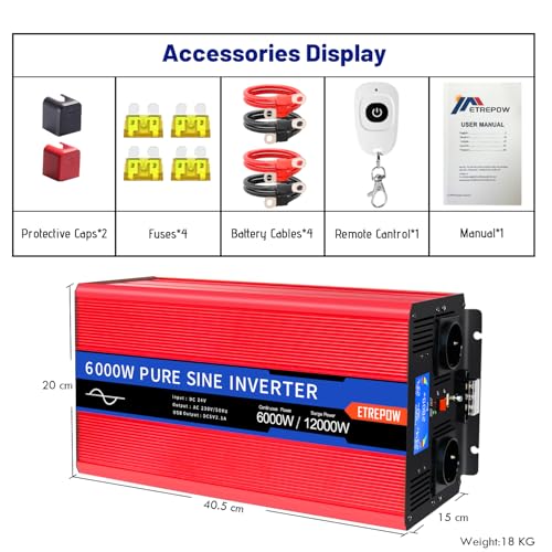 ETREPOW Inverter 6000 W 24 V 220 V Pure Sine Wave Transformer with 2 EU Sockets and a USB, Wireless Remote Control and LCD Display – Peak 12000 W