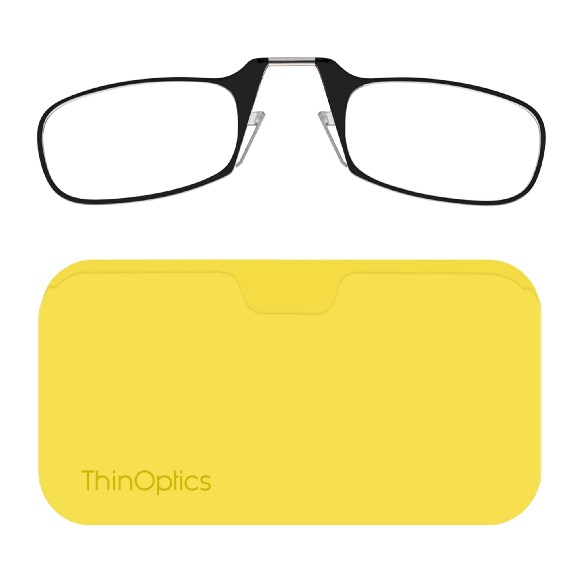 ThinOptics Reading Glasses 1.50 Black Frames with Yellow Universal Pod Compact Case - Ultra-light Foldable Rectangular Glasses - Clip-on Nose - 1.50 Strength with Flex-Fit Technology