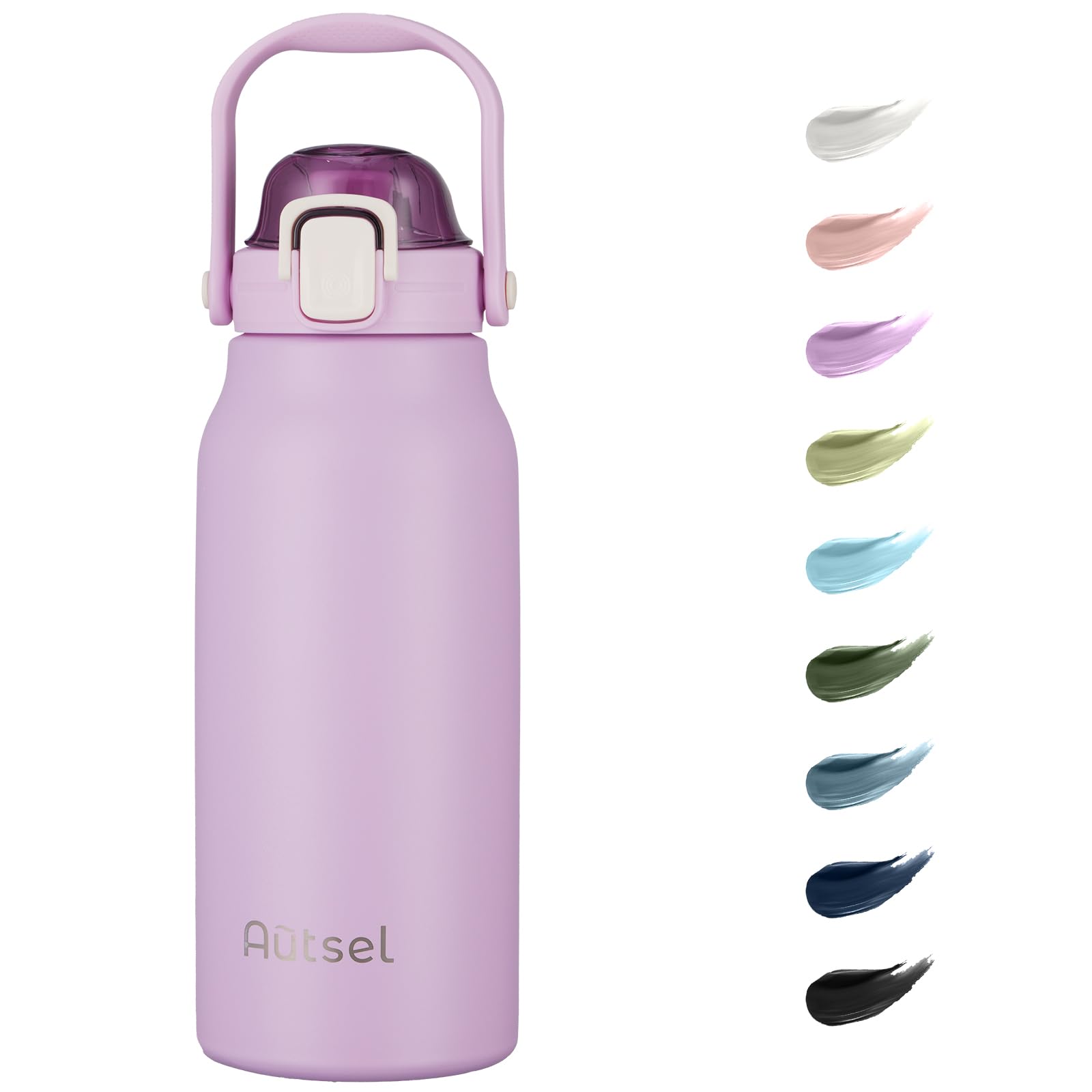 Autsel 1.7L Stainless Steel Water Bottle with Straw - Large Metal Flask with Handle - Double Walled Insulated Sports Bottle - Leakproof for Gym Sports, Purple — image 1