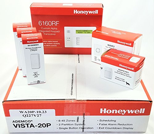 Honeywell Vista 20P Wireless Kit with a 6160RF Keypad, One 5800PIR-Res Motion Sensor, Three 5816WMWH Door/Window Contacts, and a WAVE2 Siren