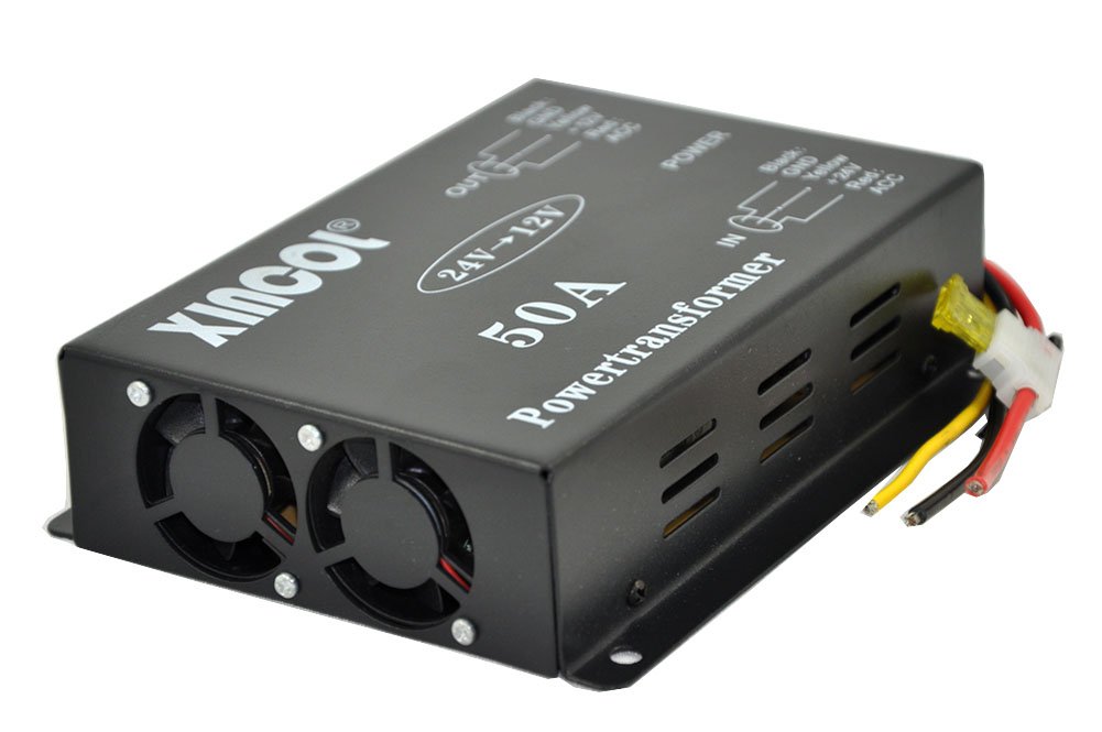 XINCOL DC 24V to DC12V 50A 600W Buck Voltage Reducer DC/DC Car Truck Power Converter Step-down Regulator Transformer with Double Built-in Fans Full Protections Memory(RAM) and Inline Fuse