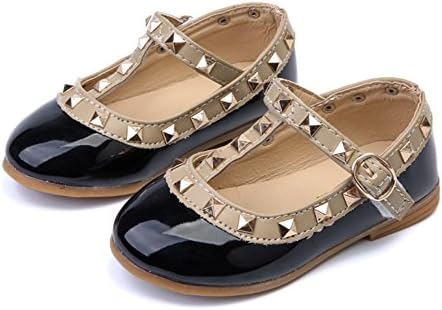 COMFY KIDS Baby Leather Shoes Child Girls Sandals Shoes Leather Princess Shoe Kids Rivets Flat Shoes (9 M US Little Kid, Black)