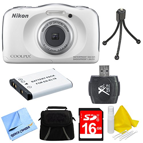 Nikon-COOLPIX-S33-132MP-Waterproof-Shockproof-Digital-Camera-White-Deluxe-16GB-Bundle-Includes-Camera-Card-Reader-Gadget-Bag-16GB-Memory-Card-Battery-Mini-Tripod-and-More