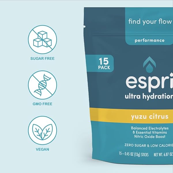 ESPRI ZERO SUGAR ELECTROLYTE DRINK MIX, YUZU CITRUS, HYDRATION PACKETS, NITRIC OXIDE BOOST, LOW CALORIES, MAGNESIUM CITRATE PREVENTS MUSCLE CRAMPS AND IMPROVES RECOVERY, 15 DAY SUPPLY