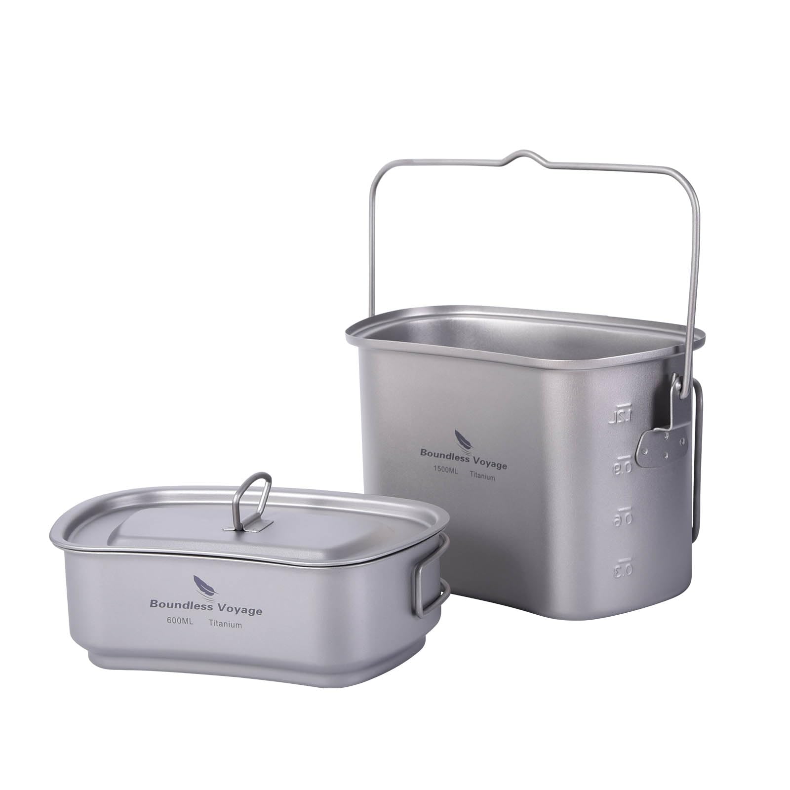 iBasingo Titanium Pot Pan Set 1500ml & 600ml Camping Cookware Military Canteen Mess Tin Cooking Kit Outdoor Lunch Box Ultralight Portable Hanging Pot Cup Bowl Set with Lid & Folding Handle Ti2059C
