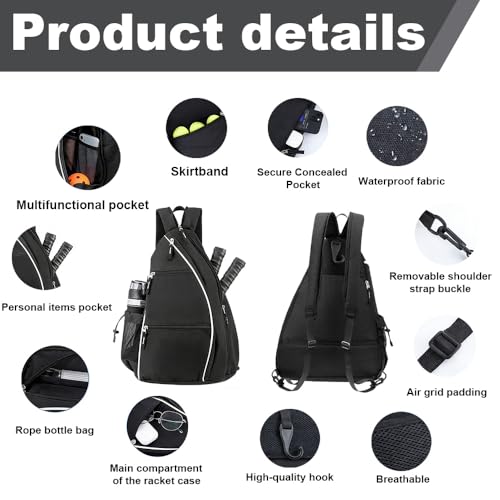 TONGIHS 1 Piece Pickleball Bags – Reversible Crossbody Sling Bag/Backpack – Pickleball Sling Bags – Contains Rackets, Balls and Accessories (Black)