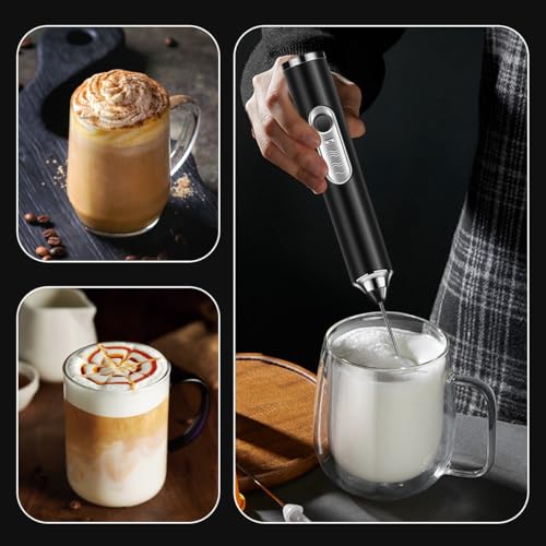 MXHIGO 6 en 1 Espumador de Leche Recargable con 3 Cabezales de Batidores de Acero Inoxidable y Base de Soporte, Agitador de Leche Eléctrico, 3 Velocidades Ajustables, Para Latte Capuchino Matcha Café