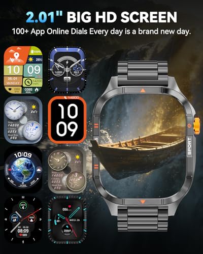 Military Smart Watches for Men, 2.01'' Smart Watch with 1000mAh Battery/Flashlight,Answer/Make Calls Smart Watch for Android and iPhone with SpO2/Heart Rate/Sleep/100+ Sport Modes, Fitness Tracker