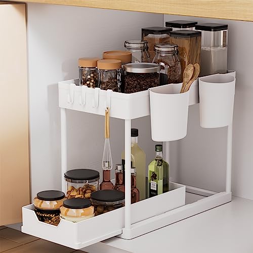 AIXPI Küchen Organizer 2 Etagen, Unter Waschbecken Regal mit Haken und Tasse Gewürzregal Spülschrank Organizer Küchenregal Schrank Organizer für Badezimmer Küche Weiss