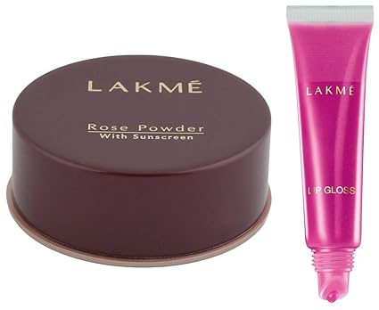 Lakme Rose Face Powder, Warm Pink, 40g & Lakme Lipgloss, Strawberry, 15ml