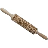 MIZORLIE 14.9" Paisley Engraved Embossed Rolling Pin | Christmas Snowflake Flower Pattern, Wooden, Laser Engraved 3D, For Cookie Dough Crusts Pies Pastry