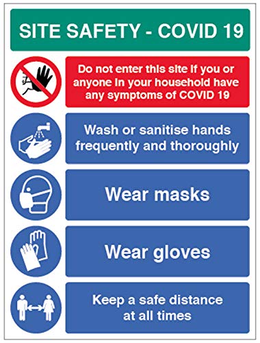 Caledonia Signs 18278Q Site Safety COVID19 - wash hands, wear masks, wear gloves, keep a safe distance Semi Rigid PVC sign (450x600mm)