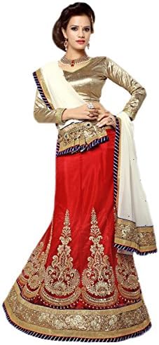 Khushali Presents Embroidered Net Lehenga Choli(Red,Beige)