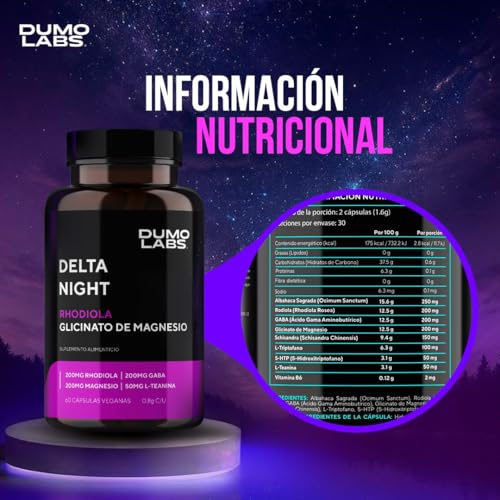 DUMO Delta Night | Capsulas para Dormir y Relajación | Suplemento Natural para el Sueño con GABA, Albahaca Sagrada, 5-HTP y Magnesio | Apoyo al Descanso Profundo y Equilibrio Mental | 60 Cápsulas Veganas sin Gluten | 1 Mes de Consumo