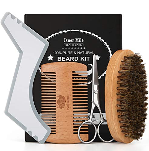 Beard Brush, Comb, Scissors & Beard Shaper Tool Kit for Men Beard Care Mustache Grooming Trimming Styling, Made of Boar Bristle, Durable Wood, Stainless Steel, Shaping Template, Best Gift Set for Him