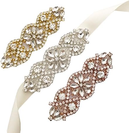 Off-White Satin Crystal Rhinestone Bridal Wedding Belt for Brides Party Bridesmaid (rose gold in off-white)