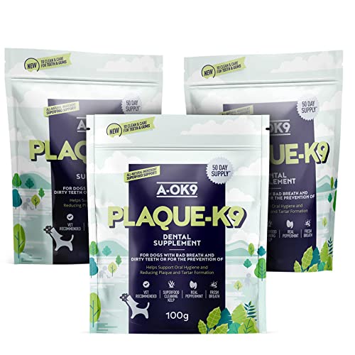 A-OK9 Plaque-K9 | 3x100g Multipack | Dental Care Supplement for Dogs | Remove Plaque, Bad Breath & Tartar | Oral Hygiene | Natural Ingredients & Superfoods | Mix with Dog or Puppy Food | Absolute Dogs