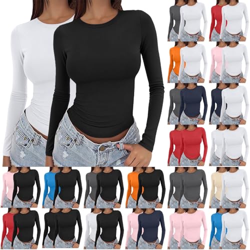 peiaclkde 2 Pack Long Sleeve Top Womens Thermal Tops Womens Scrub Basic Tops Slim Fit Base Layer Casual Loose Ladies Jumpers Stretch T-Shirt Pullover Lightweight Sports Top Women Aesthetic Streetwear