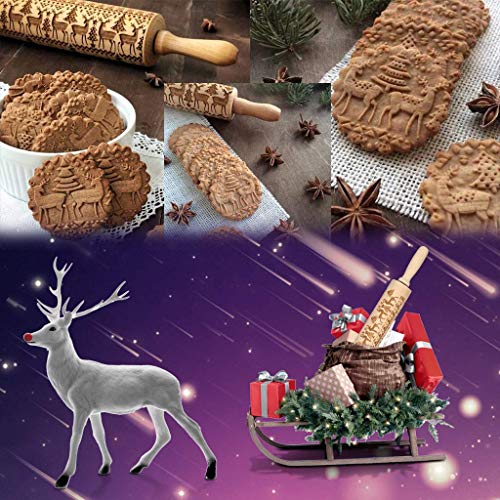 BOMEON Christmas Wooden Rolling Pins Engraved Embossing Rolling Pin with Christmas Symbols Deer for Baking Embossed Cookies Kitchen Tool (17"x 2")