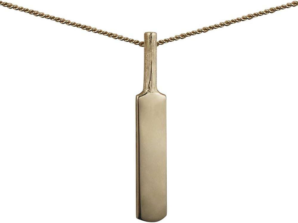 9ct Gold 38x6mm plain Cricket Bat Pendant with a 1.8mm wide curb Chain