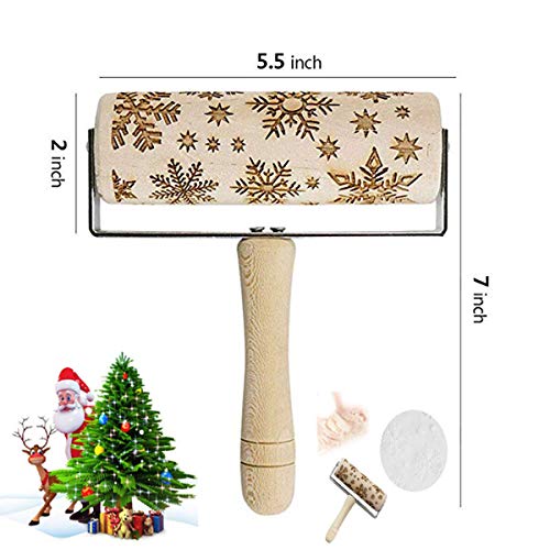 FEINASU New Design Wooden Christmas Embossing Pattern Rolling Pin, Laser Engraved Pastry Pizza Baking Roller Pin for Christmas Cookies Baking Non Stick(Christmas Snowflake)