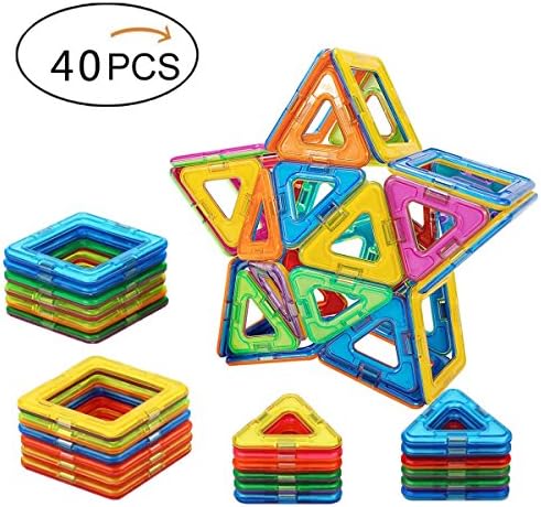 Babite 40 Pcs Magnetic Building Blocks Magnet Tiles Construction Set Educational Stacking Toys for Kids &amp; Toddlers with Storage Box