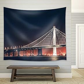 Oakland Bay Bridge at Night. San Francisco - Oakland, California, United States - Fabric Wall Tapestry Home Decor - 51x60 inches