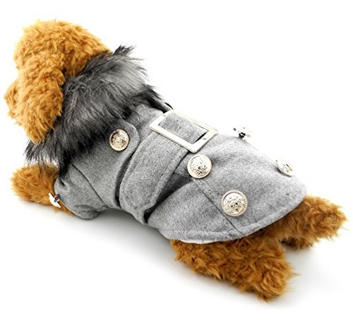 SELMAI Woolen Small Dog Coat Fur Collar Puppy Cat Dog Clothes for Winter Gray L